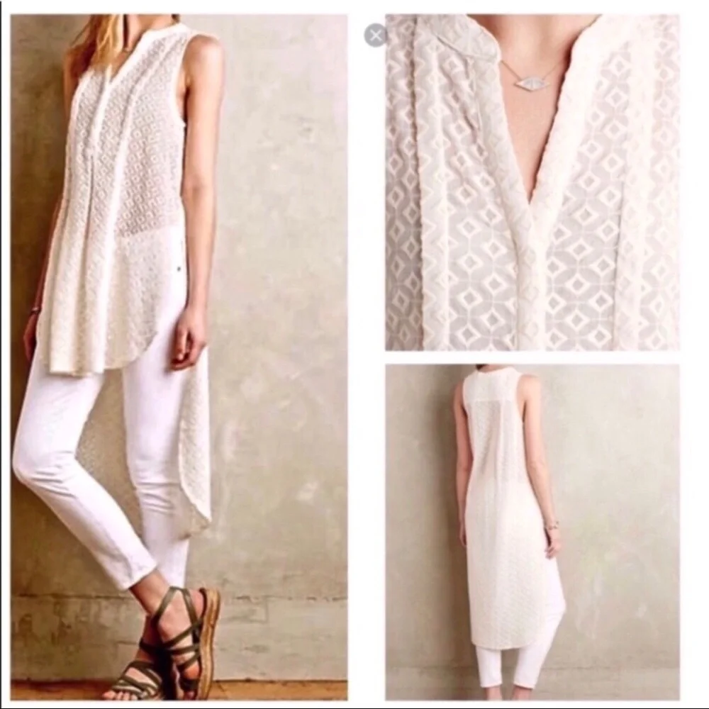 HD in Paris Anthropologie High Low Tunic Top Cream Size Large Diamond Print